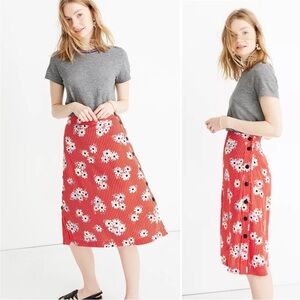 MADEWELL Daisy Society Red Floral Midi Skirt Side Button Detail Stripes Flower 0